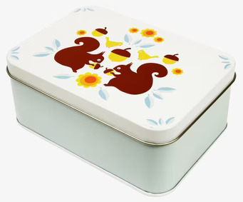 Bild av dekorativ plåtlåda med ekorrmotiv och blommor