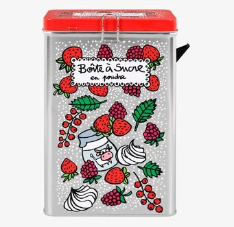 Bild av färgglad plåtburk med frukt- och bakverksmotiv