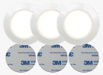 Bild av tre vita, runda LED-lampor i symmetrisk rad