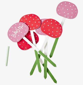 Bild av färgglada trädgårdsskyltar med prickigt mönster