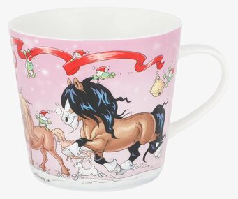 Bild av färgglad mugg med julmotiv och tecknade hästar