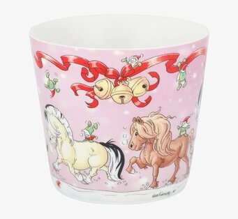 Bild av julig porslinsmugg med hästar och nissar