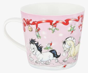 Bild av porslinsmugg med julmotiv och tecknade hästar