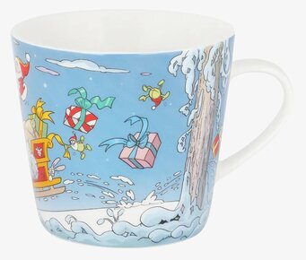 Bild av färgglad mugg med julmotiv och snölandskap