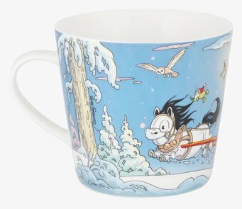 Bild av vintrig mugg med Mulle och snöig landskap