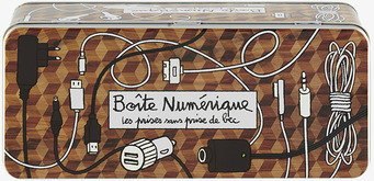 Bild av dekorativ plåtburk för laddare och sladdar