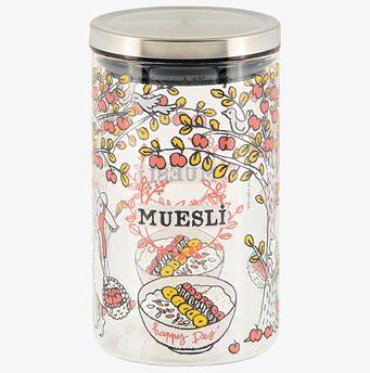 Bild av stilfull glasburk för müsli med konstnärligt motiv
