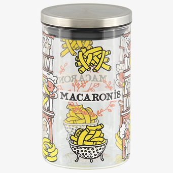 Foto av glasburk med livfulla illustrationer