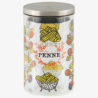 Bild av stilren glasburk för pasta med dekorativa motiv