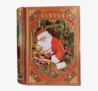 Bild av dekorativ plåtburk med julmotiv och nostalgi