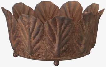 Bild av dekorativ kruka i rostig metall med lövdesign