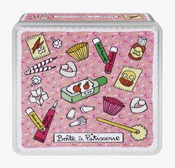 Bild av färgglad plåtburk för baktillbehör i köket