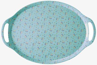 Bild av oval bricka med blommigt och färgglatt mönster