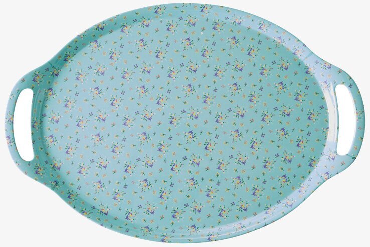 Bild av oval bricka med blommigt och färgglatt mönster