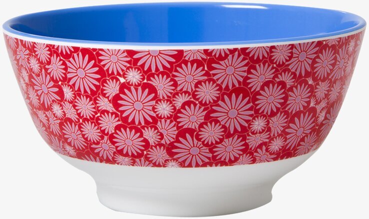 Bild av livfull melaminskål med blommönster och blå insida