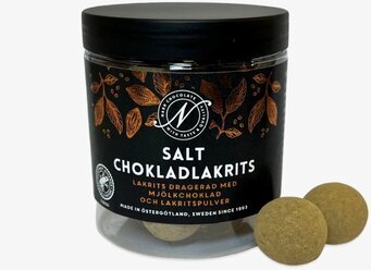 Bild av läcker salt chokladlakrits i elegant burk
