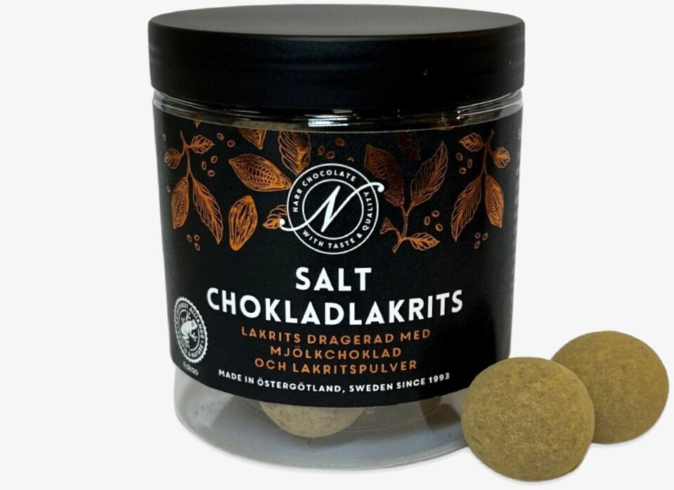 Salt chokladlakrits från Narr Chocolate i genomskinlig burk