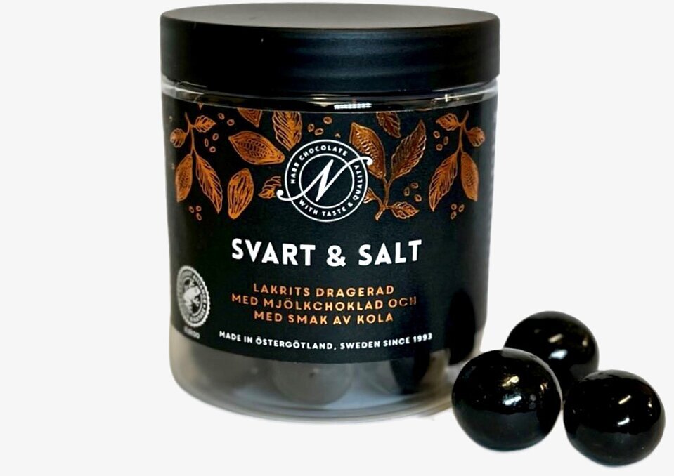 Svart & Salt från Narr Chocolate i genomskinlig burk