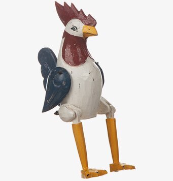 Bild av detaljerad och ledad träfigur föreställande tupp