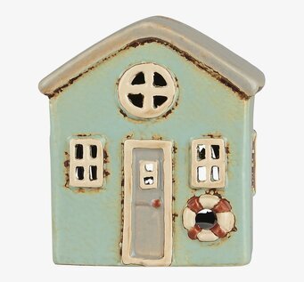 Foto av dekorativ mintgrön ljuslykta som litet hus