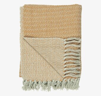 Bild av pläd i creme och gult med bohemiska fransar