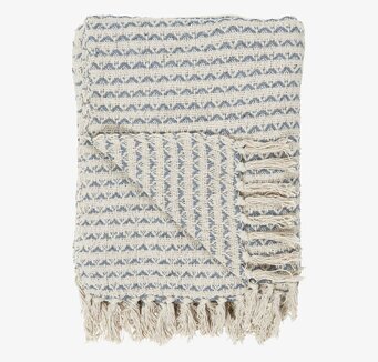 Bild av pläd i creme och blått med geometriskt mönster