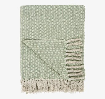 Bild av pläd i creme och grön med textur och fransar