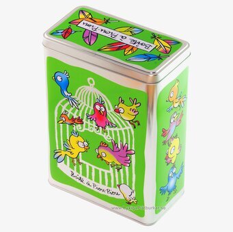 Bild av lekfull och färgglad plåtburk med fågelmotiv