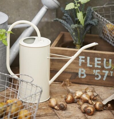 Bild av idyllisk trädgård med vattenkanna i fokus