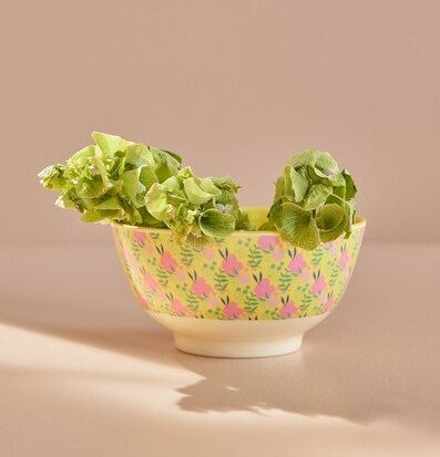 Bild av färgglad skål med blommönster och gröna kvistar