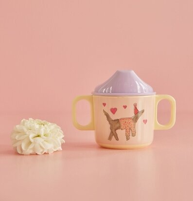 Bild av babykopp med djurmotiv och lavendeltoner