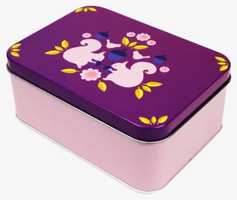 Bild av livfull plåtburk med ekorrar och blommor