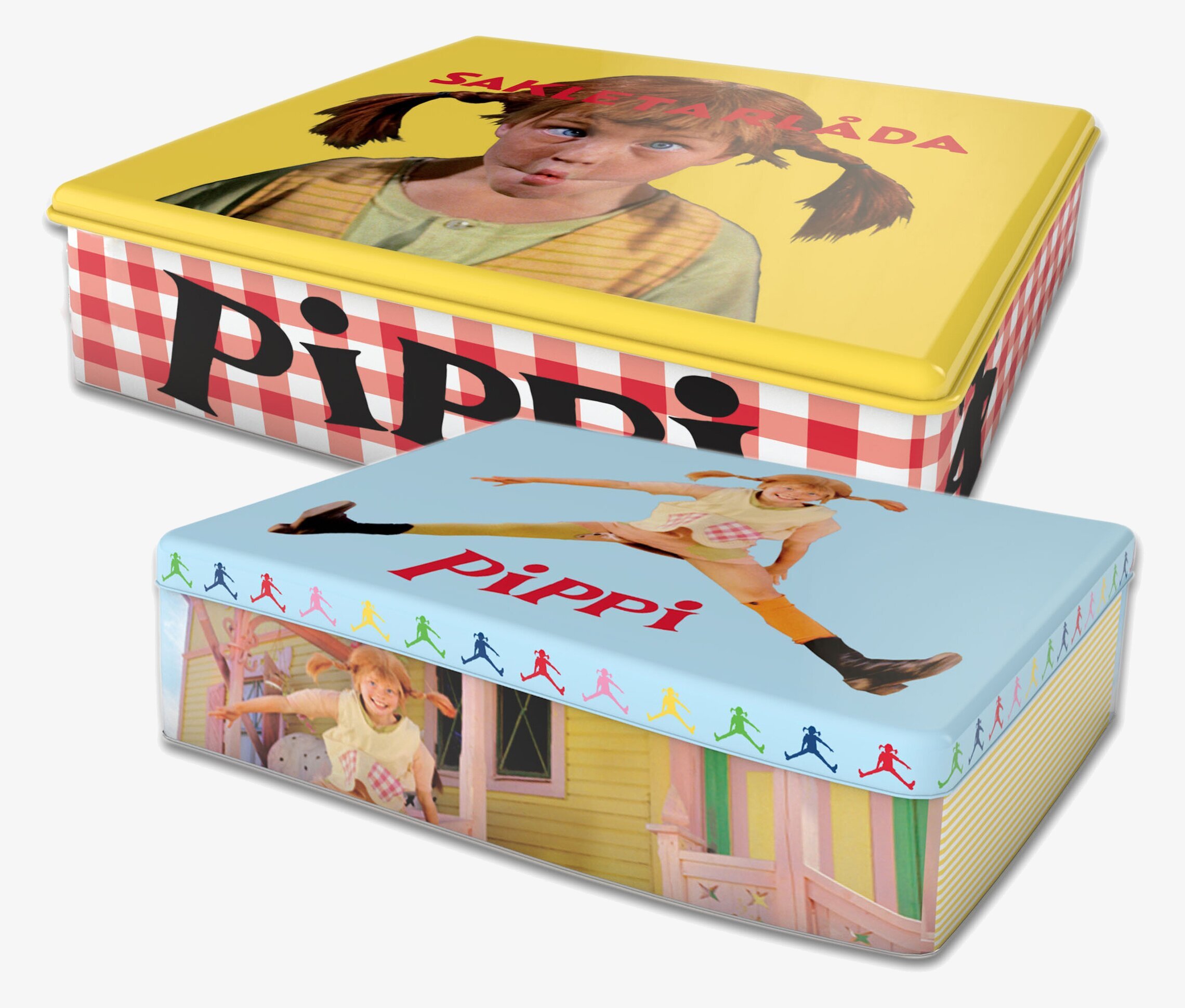 Bild av färgglada plåtburkar med Pippi Långstrump motiv