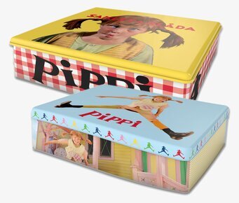 Bild av färgglada plåtburkar med Pippi Långstrump motiv