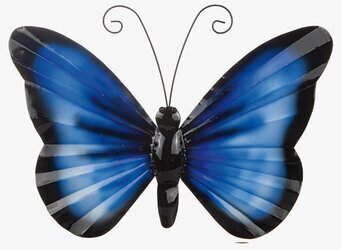 Bild av blå och svart fjärilsväggdekoration i plåt