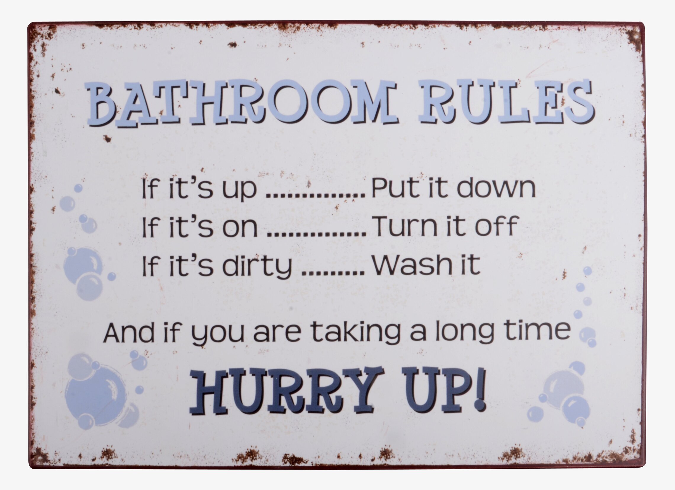 Foto av vintageinspirerad plåtskylt med badrumsregler