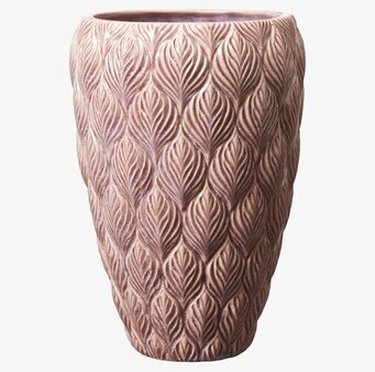 Foto av elegant rosa kruka med bladliknande mönster