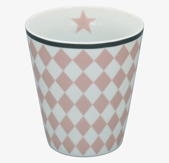 Bild av en rosa och vit harlekinkopp med stjärndetalj