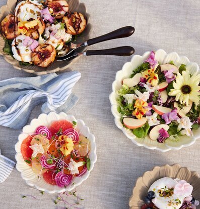 Bild av harmonisk dukning med färgstarka maträtter