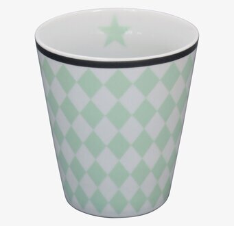 Bild av mugg med mintgrönt harlekinmönster och stjärndetalj