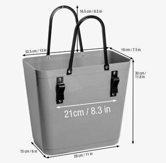 Bild av olivgrön väska med cykelfäste och måttangivelser