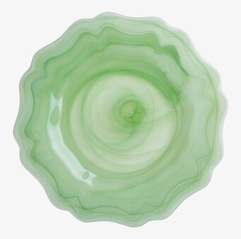Bild av glastallrik med vågig kant och grön nyans