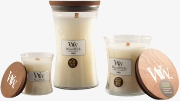WoodWick Linen ljus i tre storlekar med sprakande trävekar