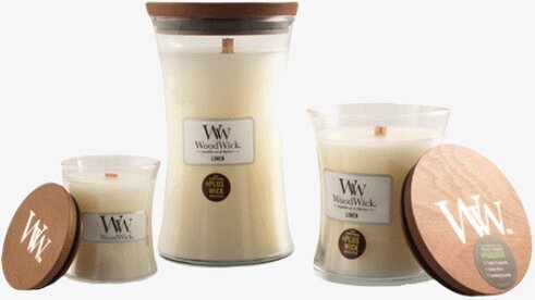 WoodWick Linen ljus i tre storlekar med sprakande trävekar
