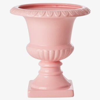 Bild av detaljrikt utformad pokalkruka i rosa färg