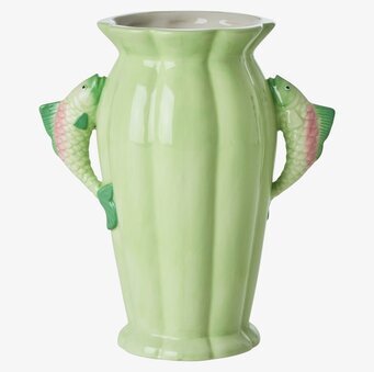 Bild av unik grön keramikvas med fiskformade handtag