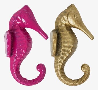 Bild av två sjöhästformade väggkrokar i olika färger