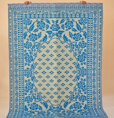 Bild av stilren plastmatta med blått geometriskt mönster