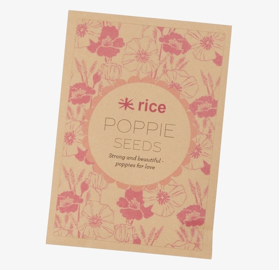 Förpackning av Blomfrön Vallmo från Rice med rosa blommor