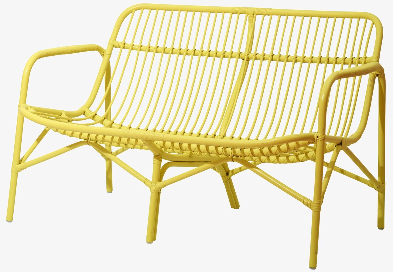 Bild av en mjukt gul soffa för två med rundade hörn